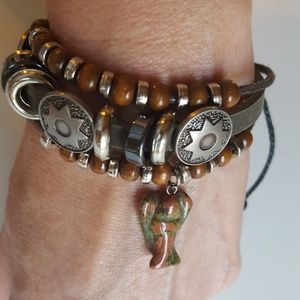 Leather adjustable bracelet with stone angel